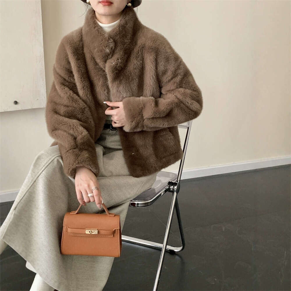 Windproof stand up collar faux fur coat, mink leather jacket, warm winter