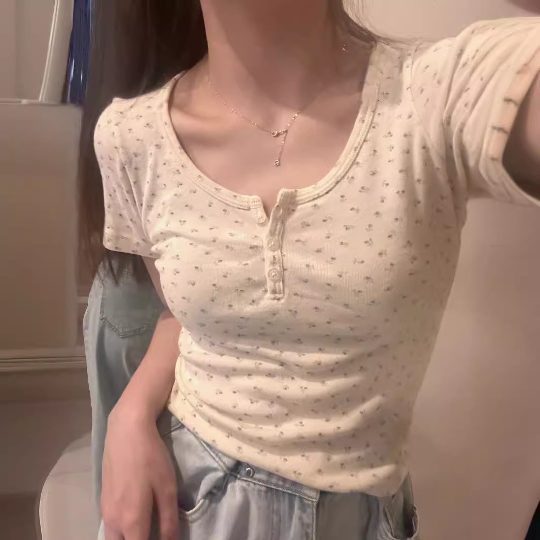 U Neck Floral Short Sleeve Crop Top For Women Summer New Slim Fit Design Versatile Slimming T Shirt