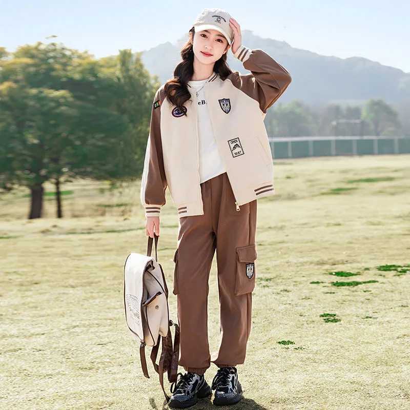 Spring and Autumn Leisure Childrens Sets Girls Solid Color Patchwork Sports Casual Zipper Jacket Cargo Pants Two Piece Set Z250811