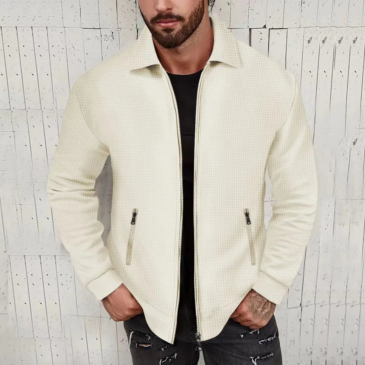 European and American cross-border waffle long-sleeved zipper jacket casual mens autumn coat 250809