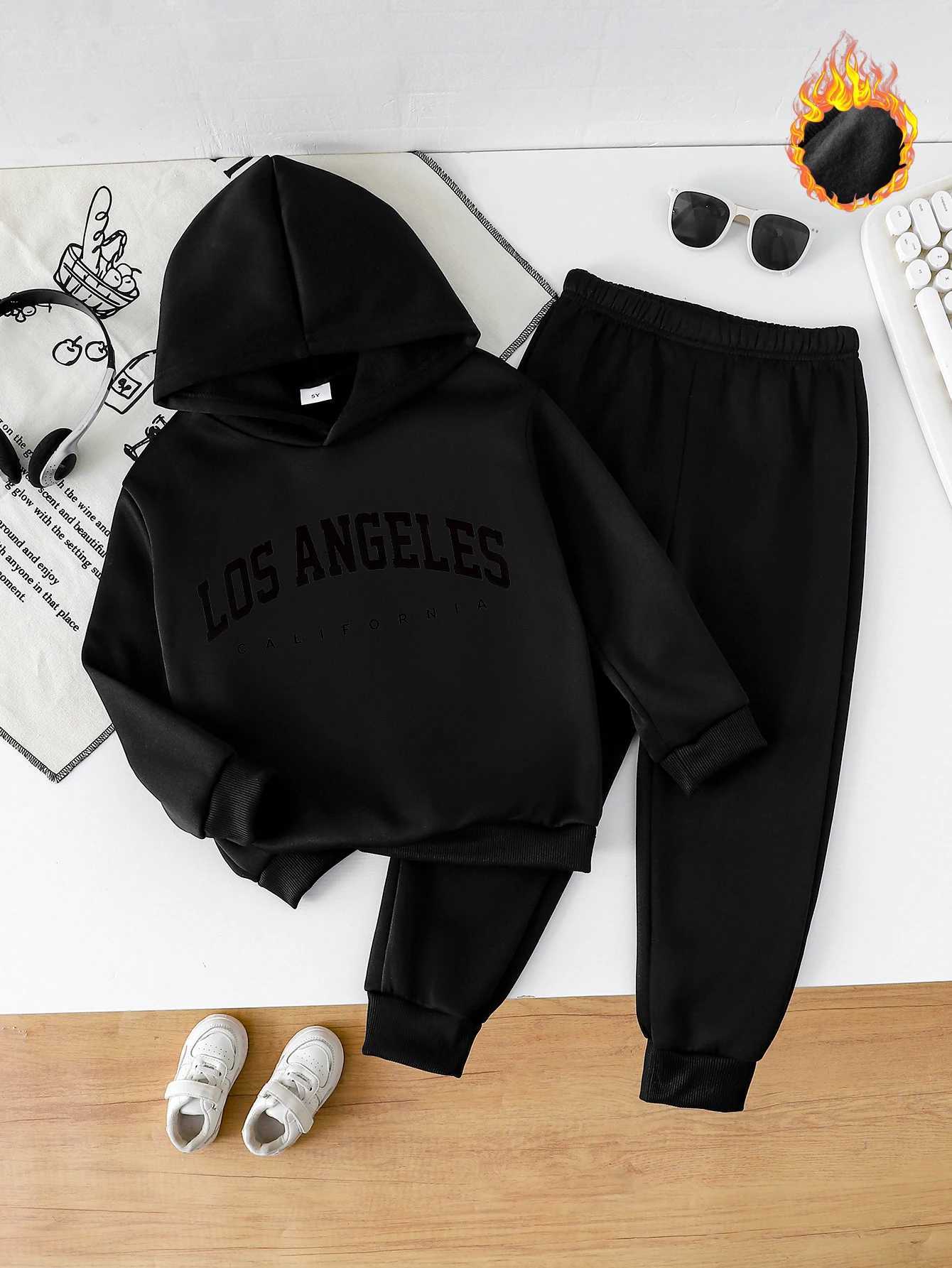 Boys Fashion Autumn and Winter Letter Los Angeles Trendy Printed Velvet Sweatshirt Hooded Pullover Casual Thickened Trousers Set Z250811