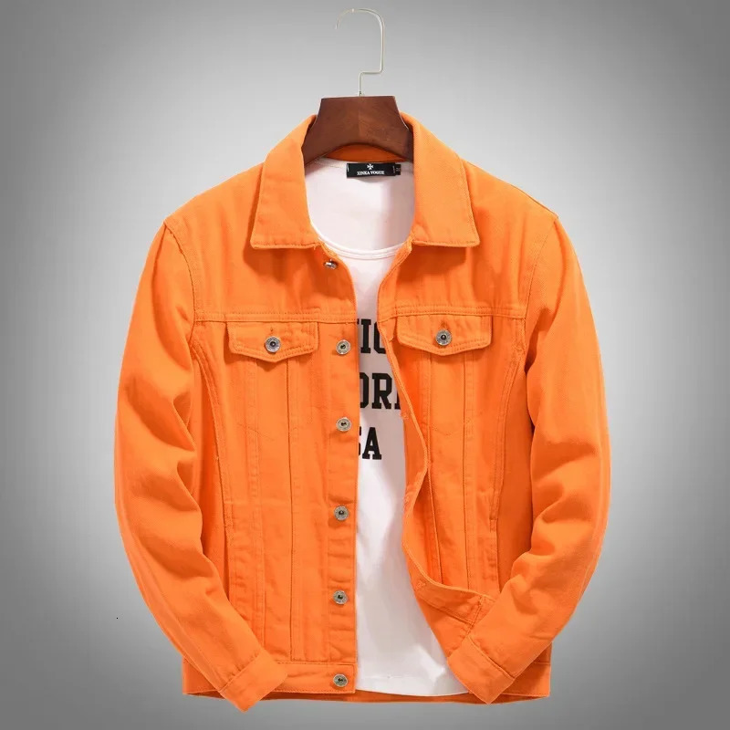 Spring Autumn Fashion Mens Casual Trendy Orange Multi Pocket Solid Jeans Jacket Korean Loose Long Sleeve Denim Coat 250809