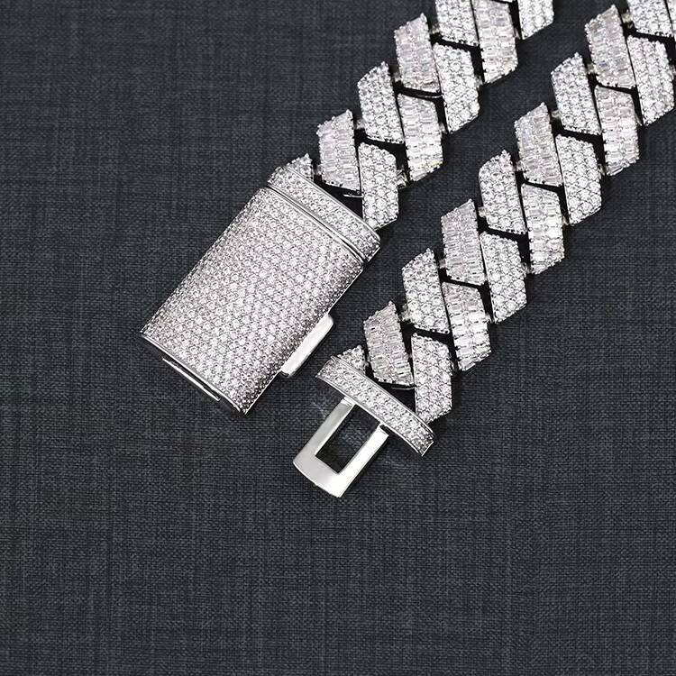 Luxury Jewelry 18K Gold Plated 925 Solid Silver Baguette and Round Moissanite Diamond Cuban Link Chain with GRA Certificate