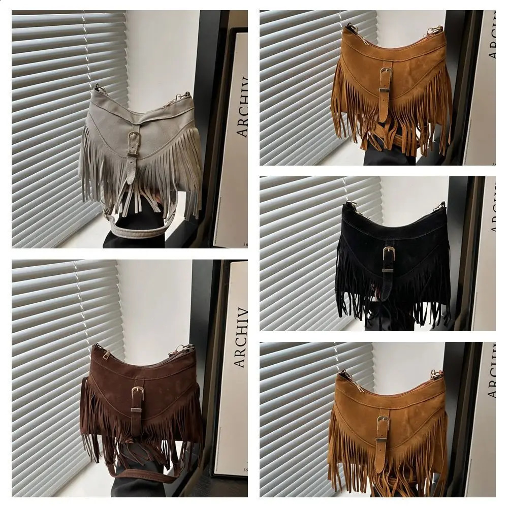Casual Korean Style Tassel Shoulder Bag Solid Color PU Leather Suede Handbag Ethnic Style Bohemian Style Underarm Packs Travel 250807