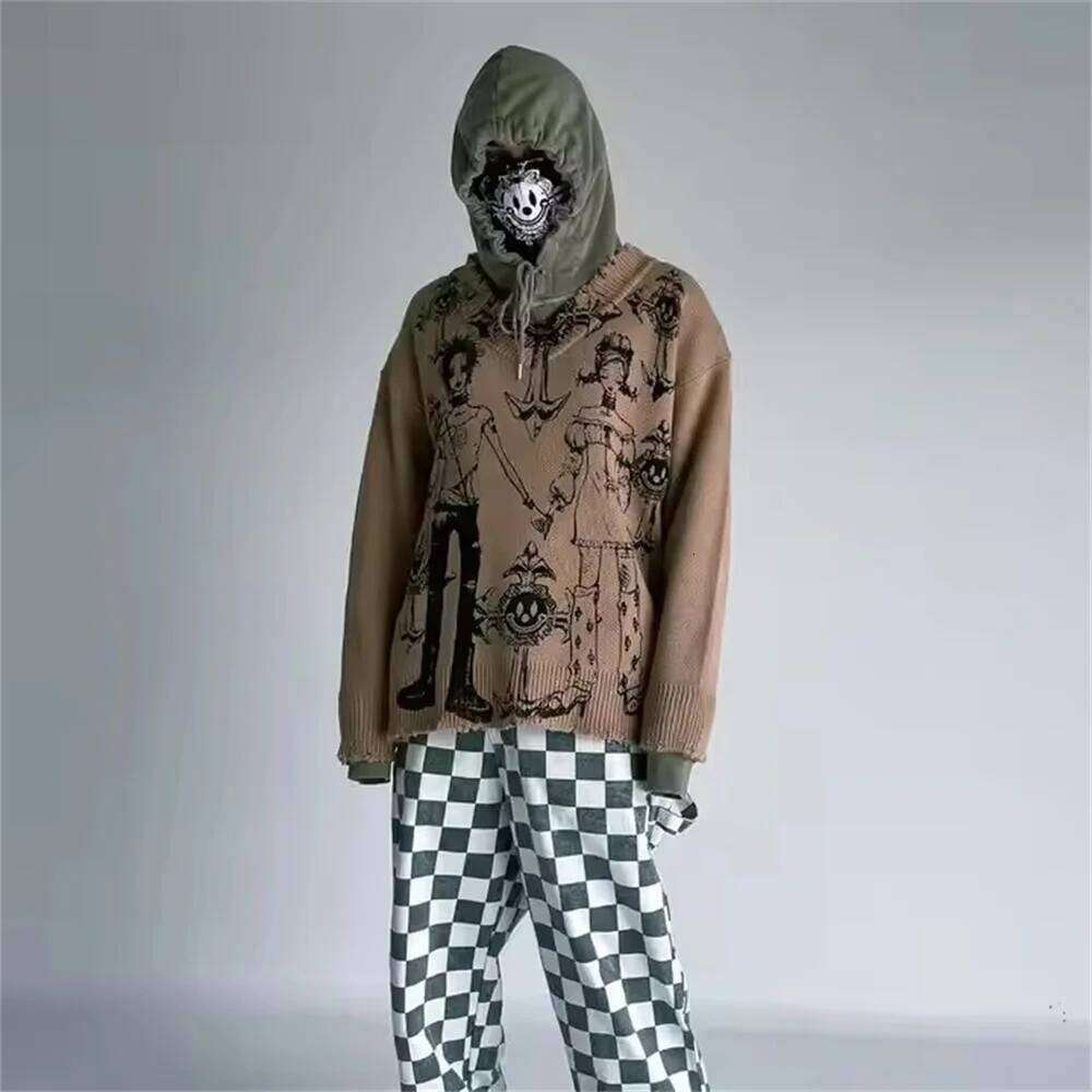Autumn and Winter New Dark Retro Knitted American Street Trend Y2K Round Neck Loose Hooded Sweater