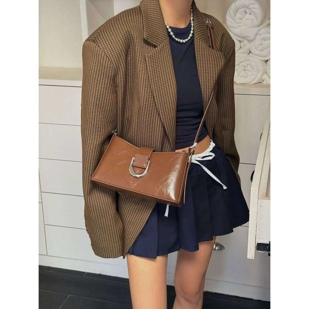 New French Eruo Style Caramel Wine Red Color Flap Messenger Glossy Cow Leather Female Crossbody Bag Small Daily Handbag