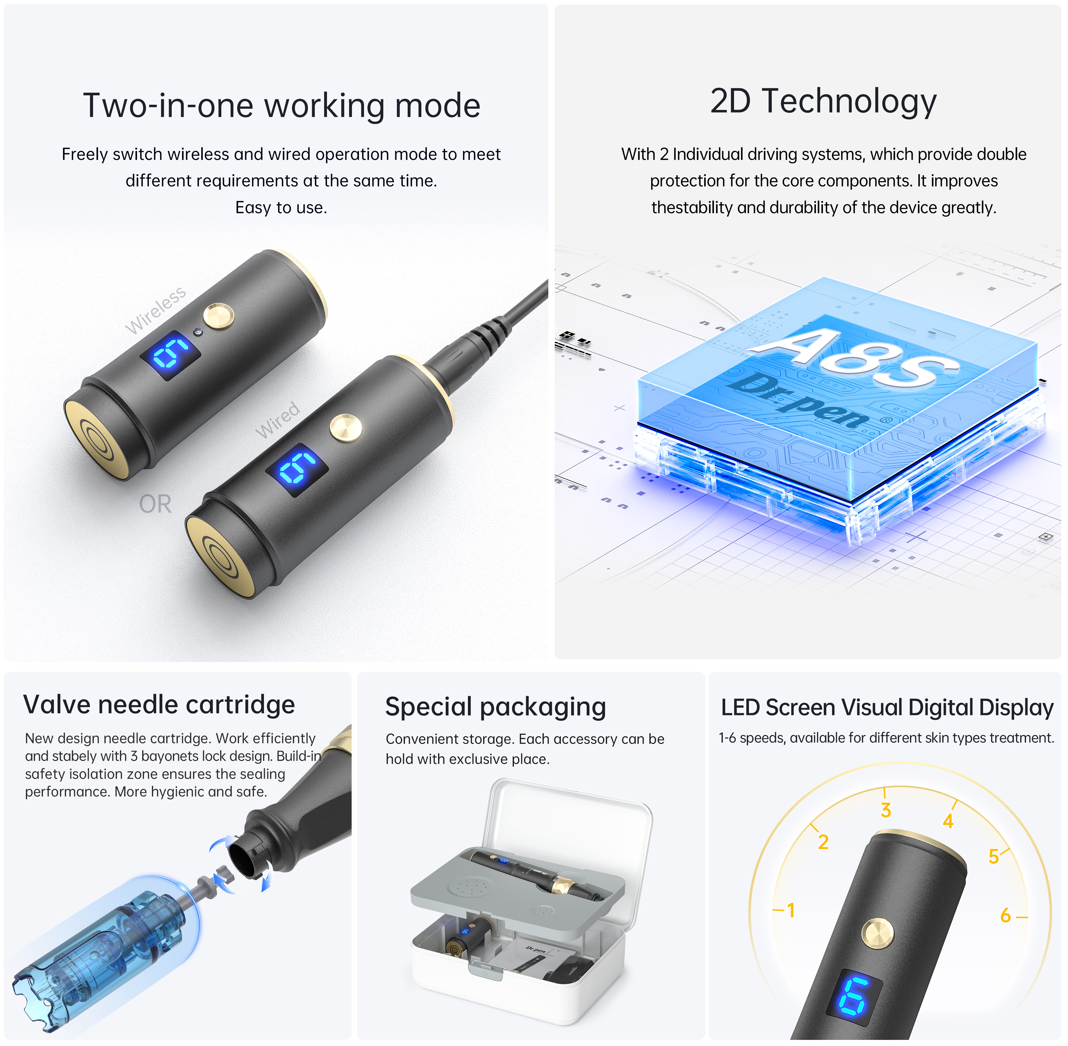 High Quality Dr.Pen A8S Wireless Needle Therapy Microneedling System A8S 6 Speeds and Lcd Screen Derma Pen Cartridge For Skin Rejuvenation Original Fa