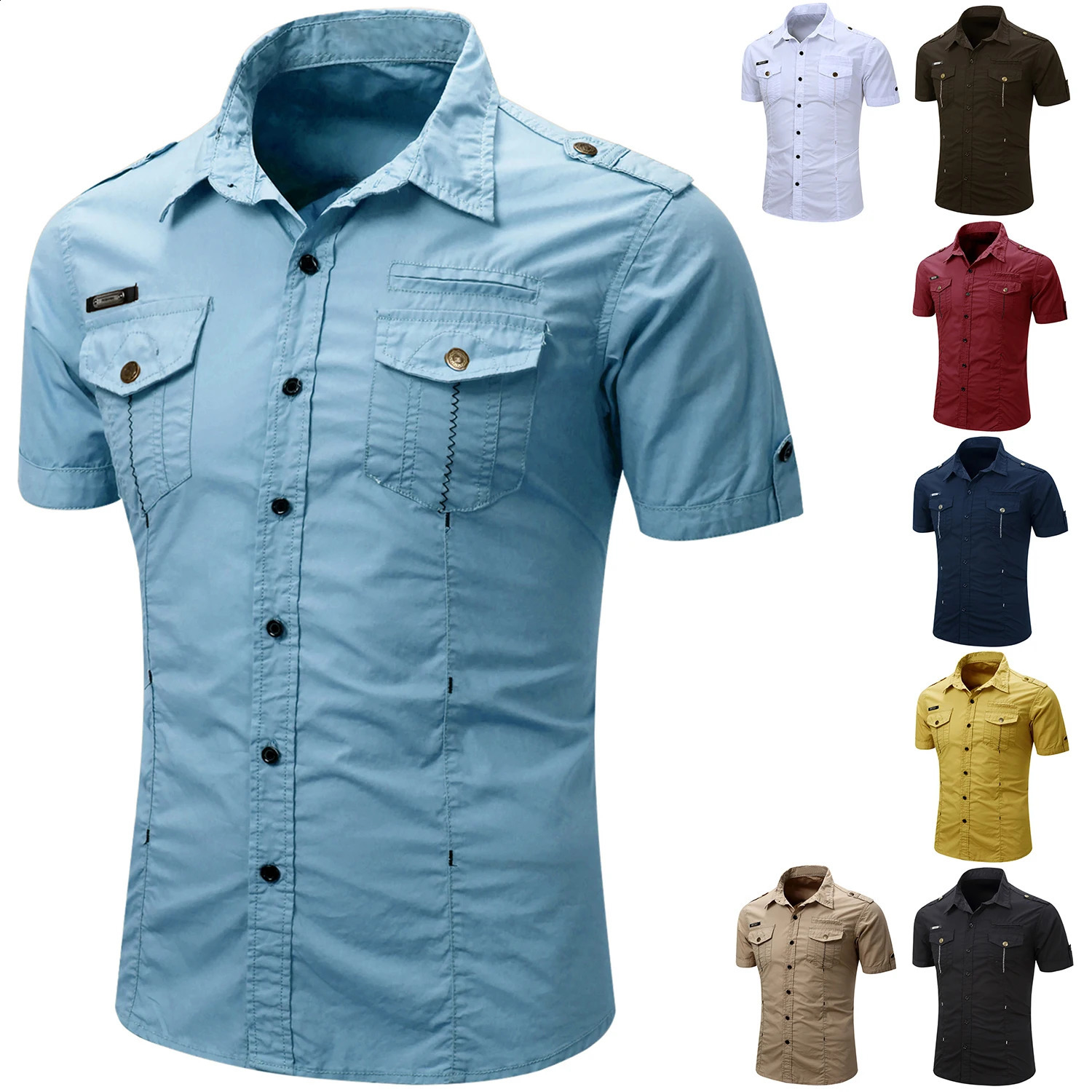 Fashion 2025 Mens Casual 100% Cotton Military Tactical Shirt Summer Short Sleeve Solid Color Cargo Work Shirts with Pocket 250811
