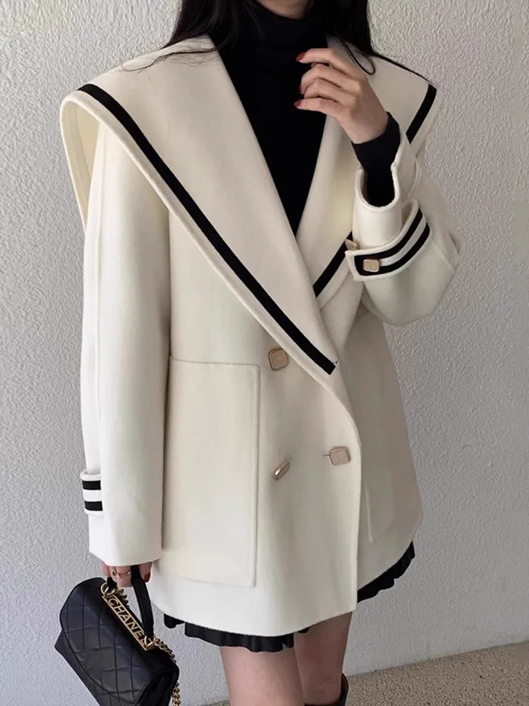 Elegant Vintage Sailor Collar Jackets Autumn Winter Woolen Coat Women Y2k Long Sleeve Loose Tops Mujer 250809