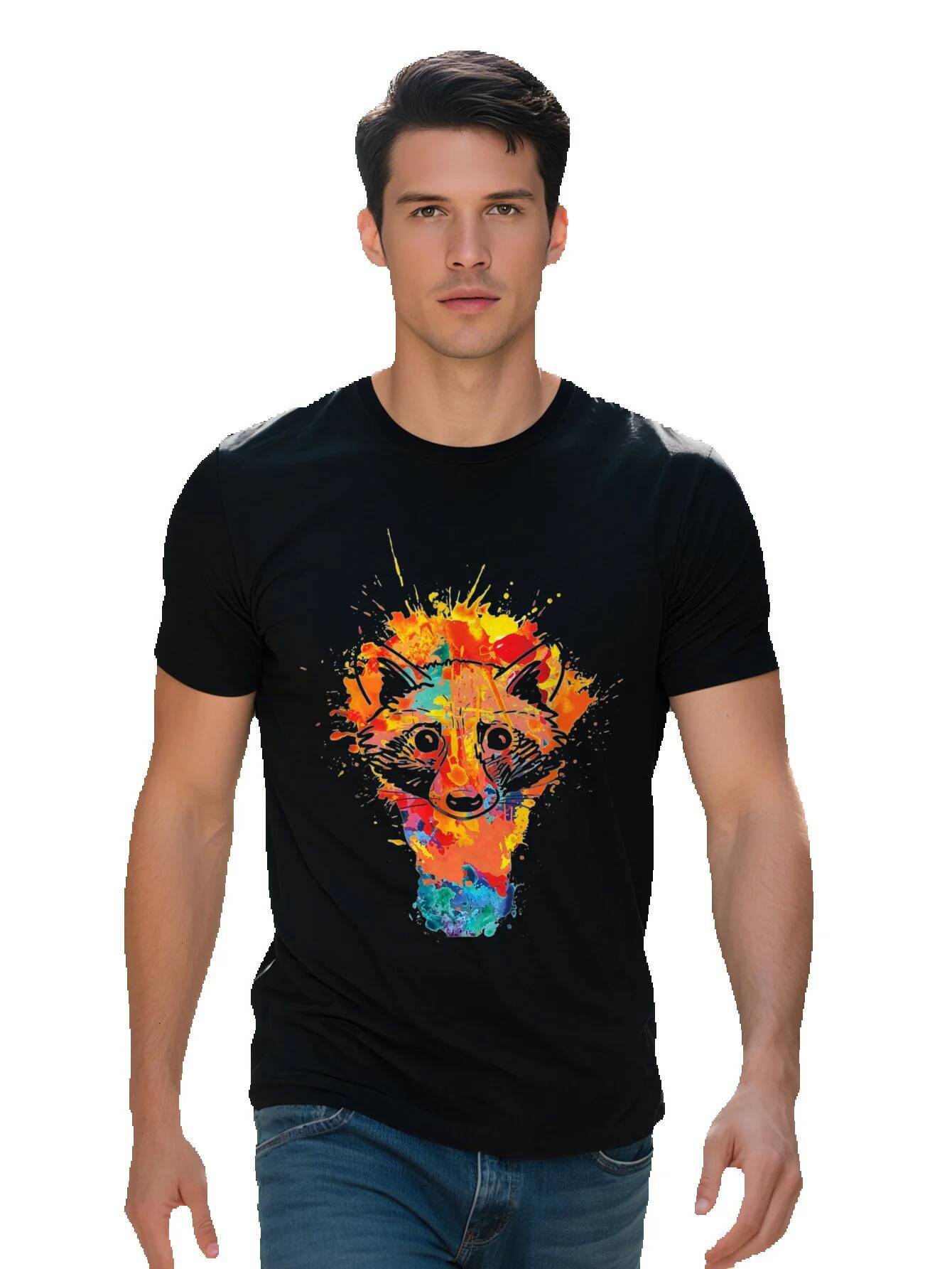 Men s Cotton T Shirt Vibrant Watercolor Raccoon Print Crew Neck Tee Animal Lovers Short Sleeve Lightweight b1706 8a616