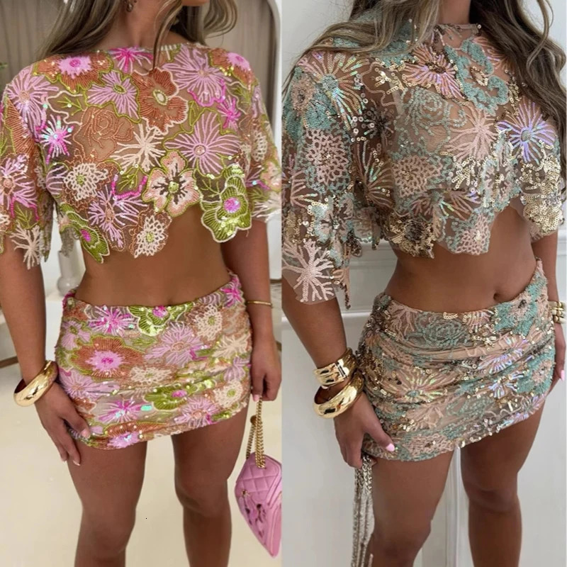 Sexy O Neck Short Sleeved Top with Long Skirt Suit Casual Cocktail Party Outfit Shiny Sequin Jacquard Slim Womens 2pc Set 250811