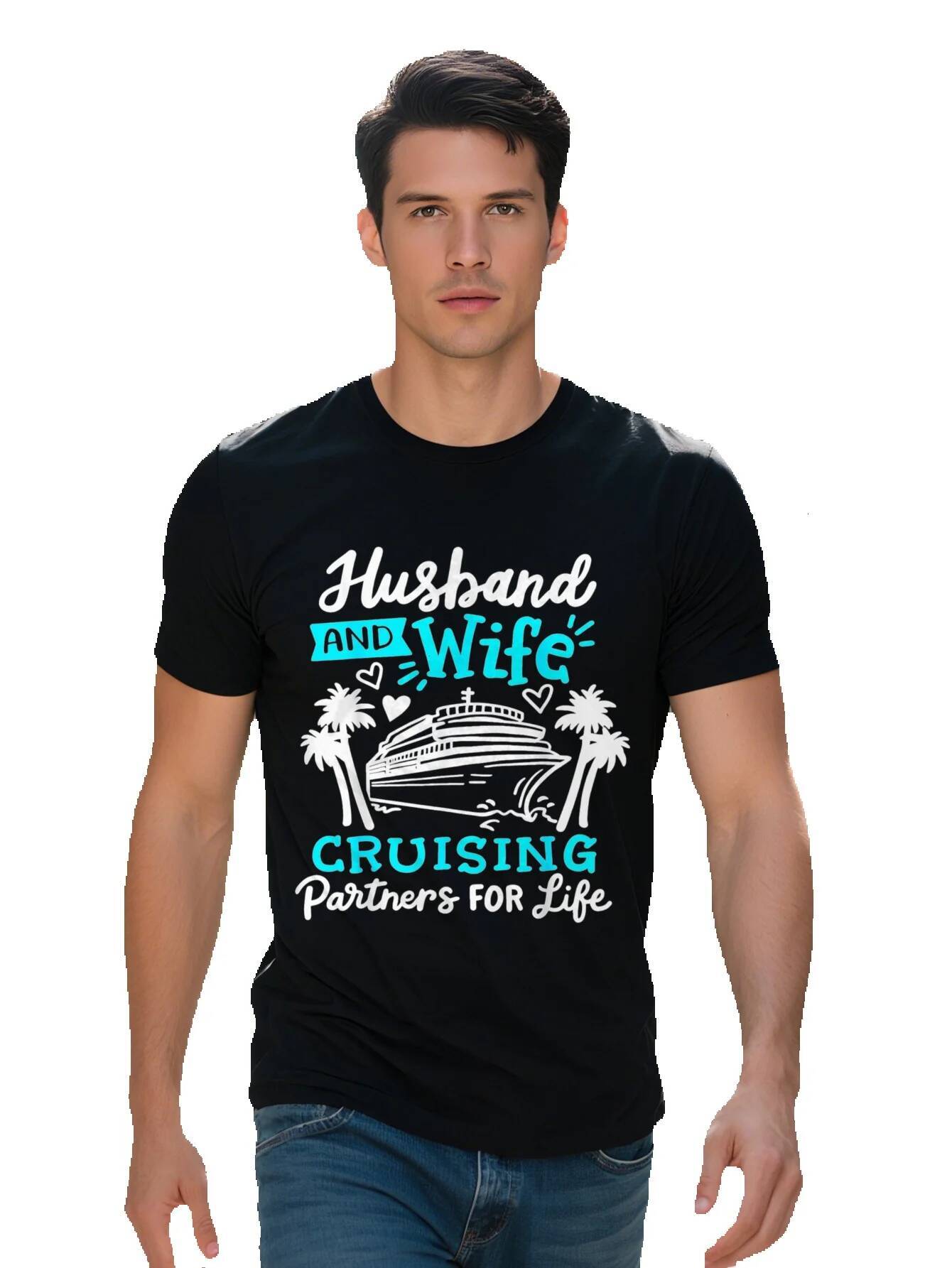 Husband Wife Cruising Parers Life Men's Cotton T-Shirt Round Neck with Fun Ship Palm Tree Design Short a5b4f ced73