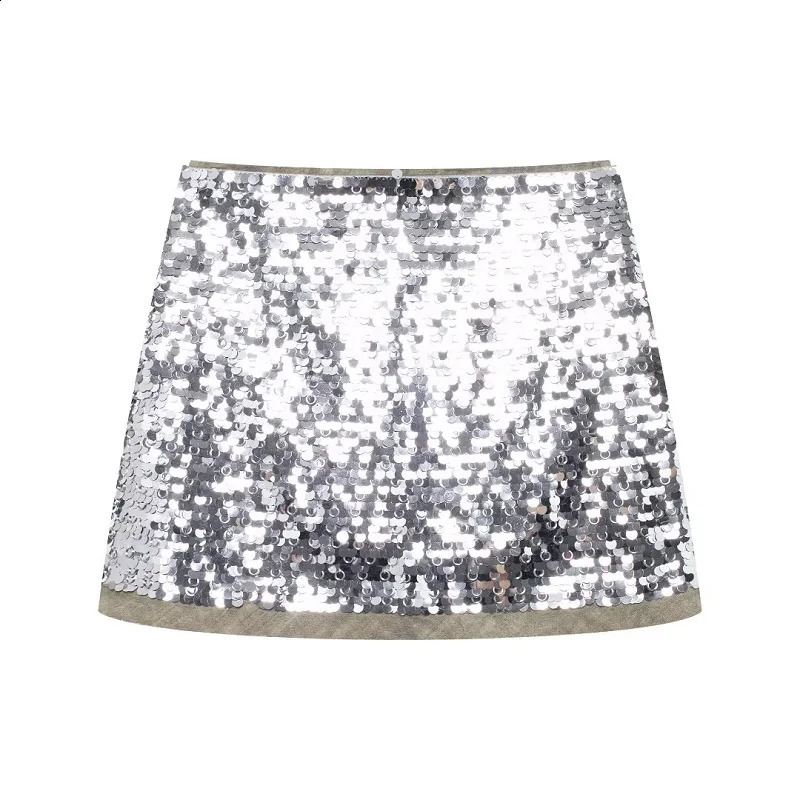 TRAF Silver Skirt Sets For Women 2 Pieces Summer Sequined Tank Vest Top Mini Skirts Ladies Fashion Sexy Elegant Outfit 250804