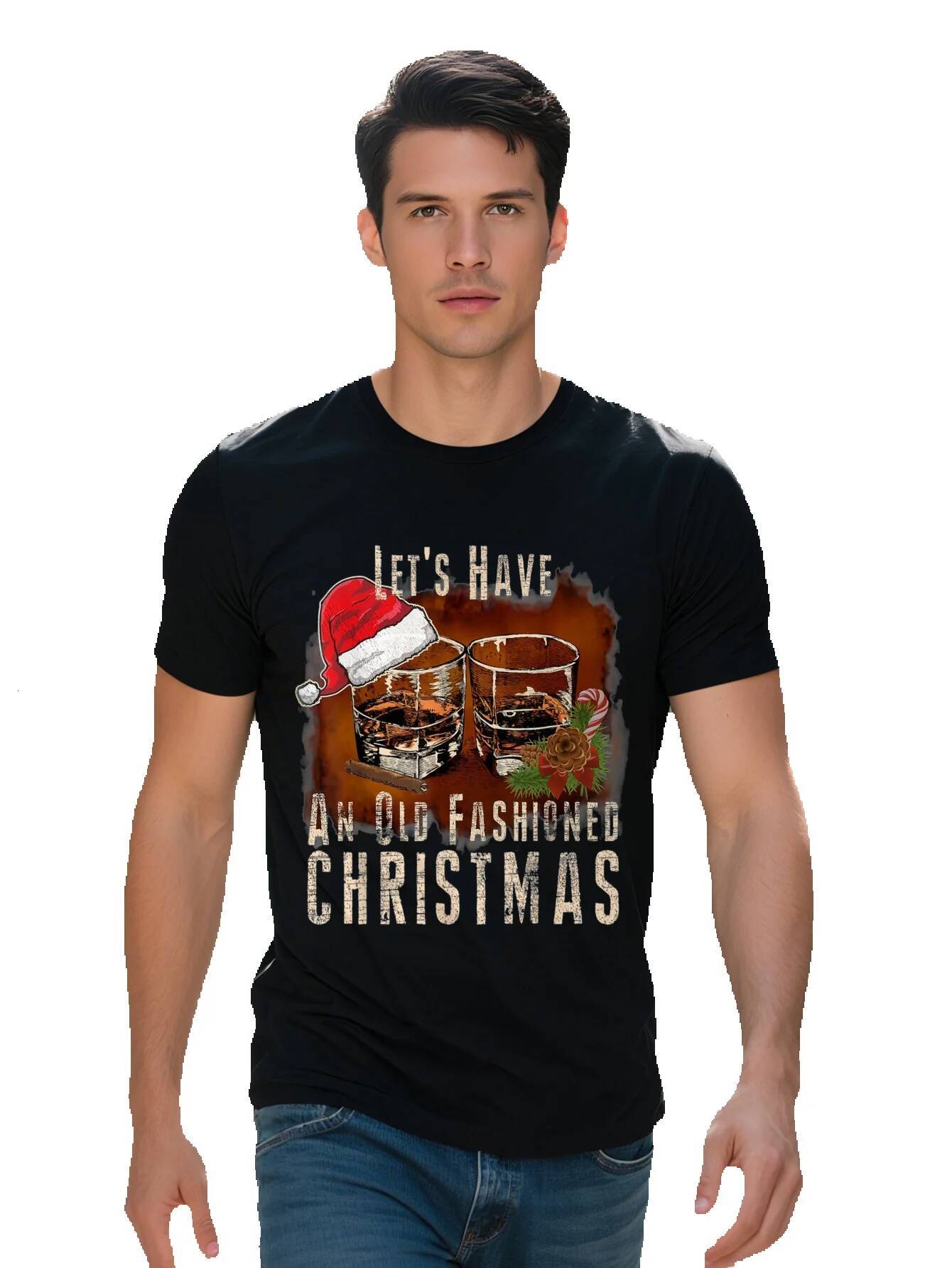 Men s Cotton T Shirt Old Fashioned Whiskey Christmas Bourbon Tail Graphic Casual Round Neck Short Sleeve Tee 16785
