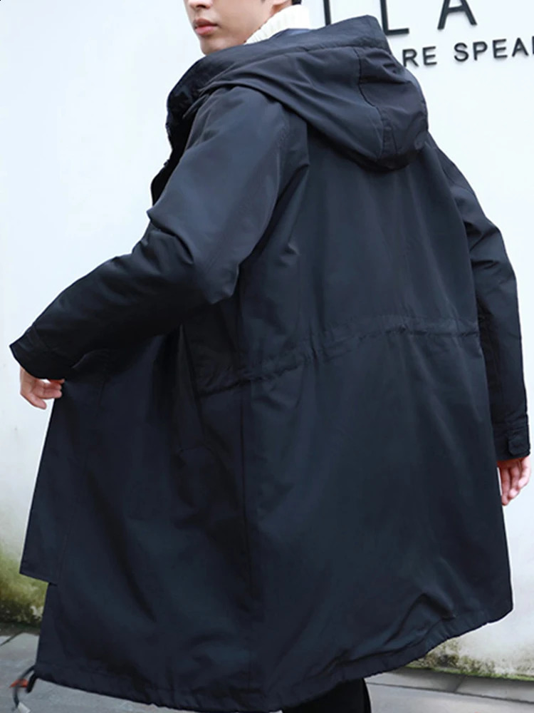 Spring Autumn Long Trench Coat Men Fashion Hooded Windbreaker Black Overcoat Casual Jackets 250729