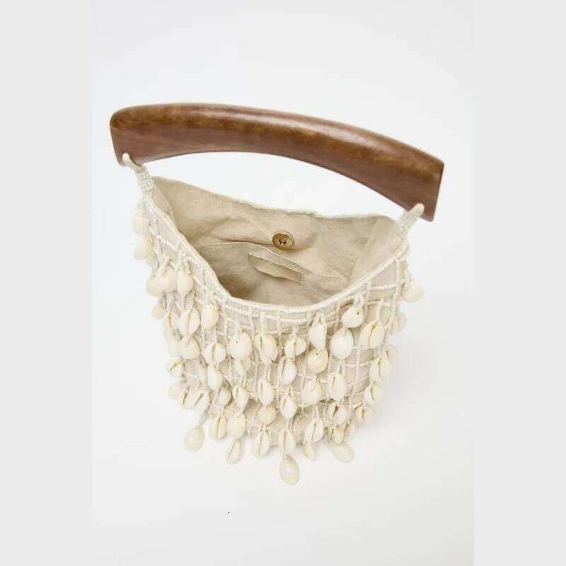 BEADED FABRIC BUCKET BAG, Designer Hollow Out Handbags, Women's Leisure Outdoor Bag with Conch