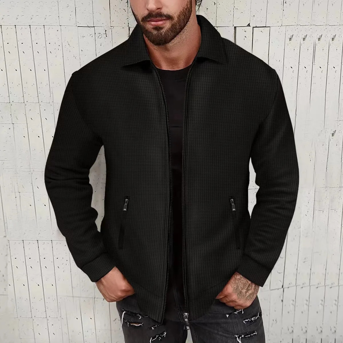 European and American cross-border waffle long-sleeved zipper jacket casual mens autumn coat 250809
