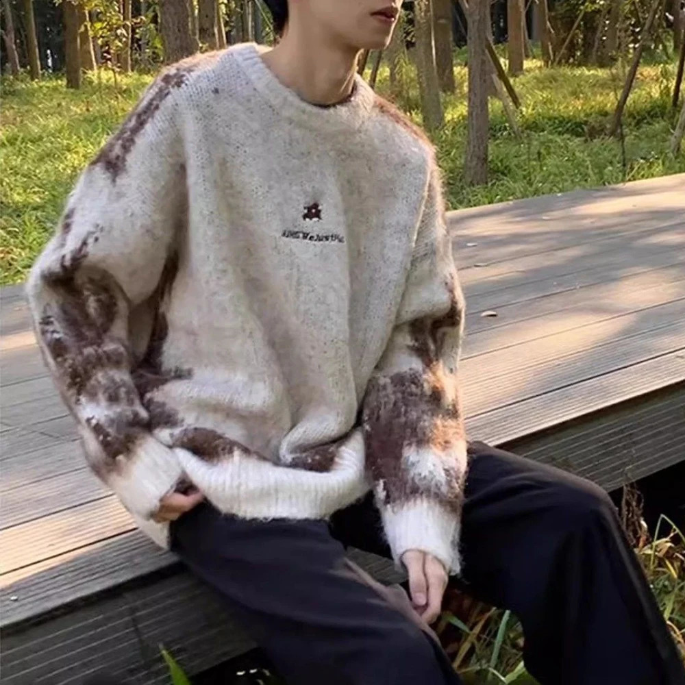 Mens Sweater Tie-Dye Contrast Color Knitted Sweater Streetwear Youth Campus Casual All-Match Long-Sleeve Top MenS Clothing 250805