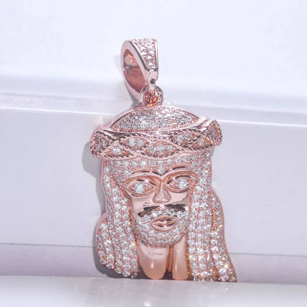 ESKEEM Hip Hop Jewelry Moissanite Charm Pendant Pass Diamond test 925 Silver Rose Gold Plated Small Jesus Head Pendant Necklace