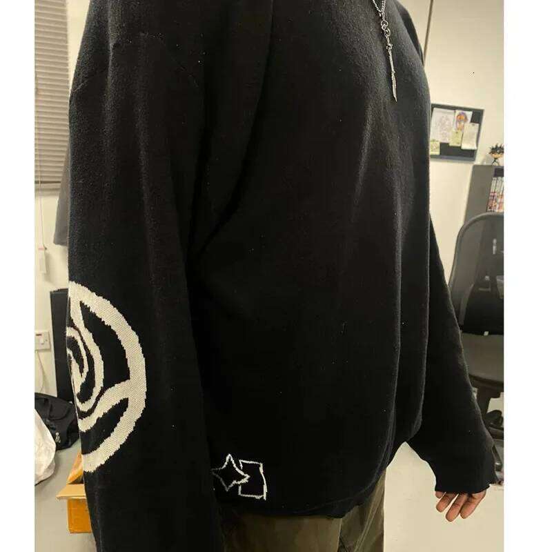 Graphic Print Black Knitted Streetwear Demon Anime Pullover Unisex Casual Loose Sweaters Men Gothic O-neck Pullovers