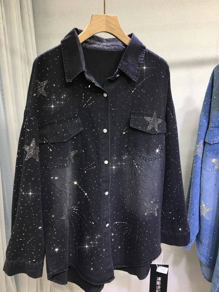 Style Sparkle Rhinestone Drilling Denim Jacket For Womens Fashion Blouses Long Sleeve Outwear Denim Top 250804