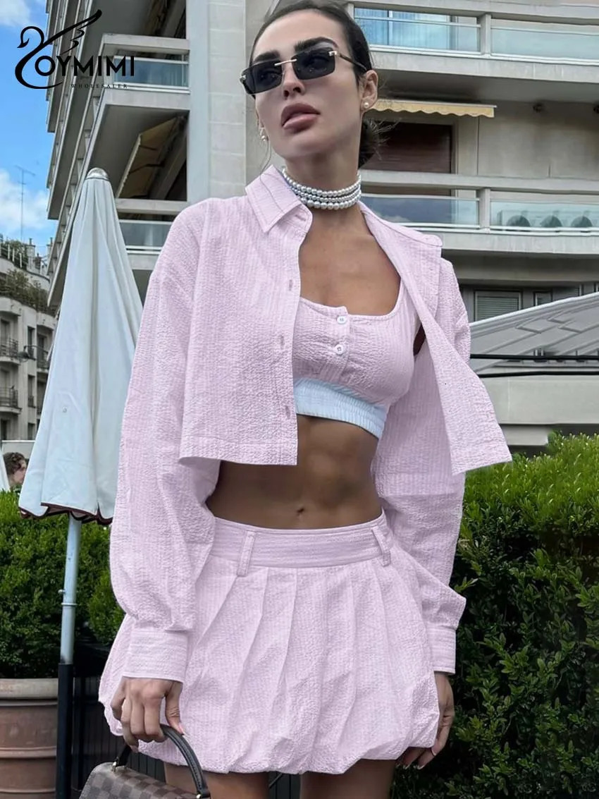 Oymimi Fashion Pink 3 Piece Sets Woman Outfit Casual Long Sleeve Crop Shirts And Button Patchwork Bra Solid Mini Skirts 250811