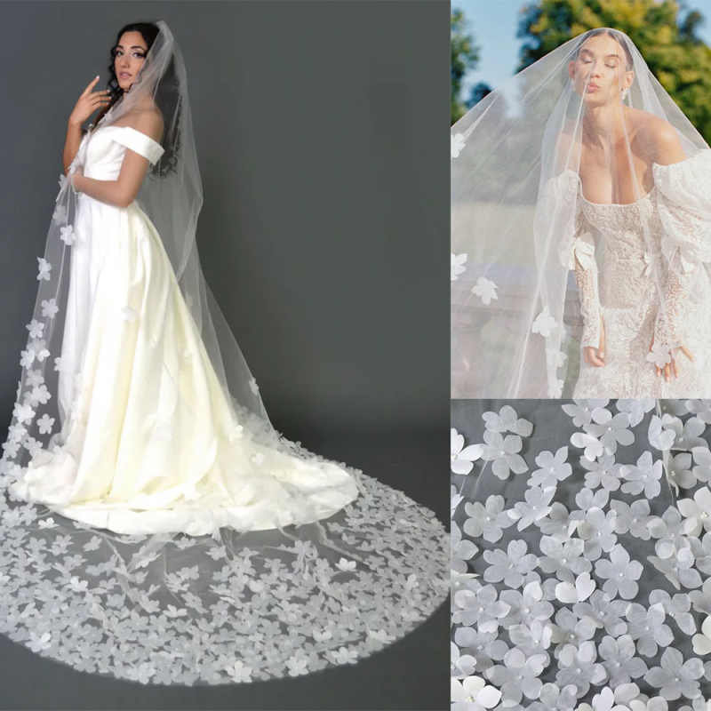 Illusion Flowers Wedding Veil Lace One Layer Cathedral Bride Veils Applique Edge Bridal Accessories Customized
