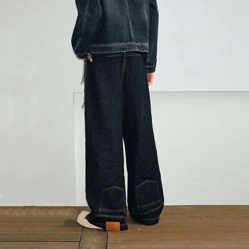 Autumn Men's High Street Fashion Baggy Jeans Reverse Pocket Design Straight Wide Leg Denim Trousers Solid Color Y2K Vintage Jean
