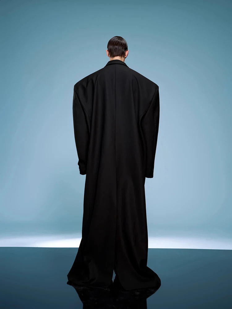 Mauroicardi Spring Autumn Cool Long Oversized Black Trench Coats Man Shoulder Pads Clothes Overcoat 2025 250804