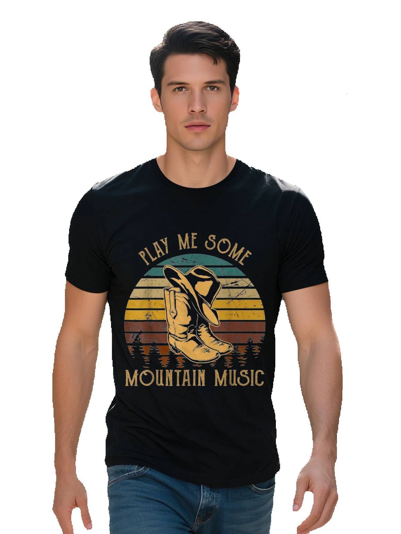 Men s Classic Boot T Shirt Play Me Some Mountain Music Cotton Short Sleeve Casual Western Style Black with