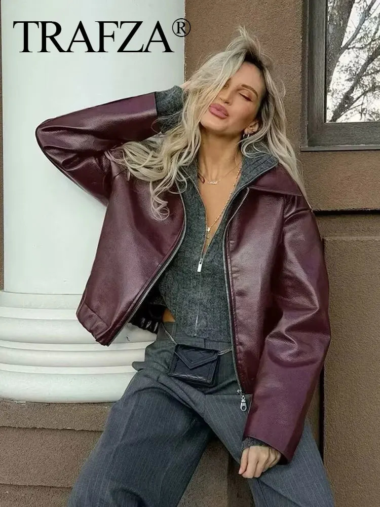 TRAFZA Wine Red Faux Leather Jakcet Fashion Outerwear Thicken Zipper Lapel Pu Coats Autumn Winter Streetwear Ladies Tops Women 250805