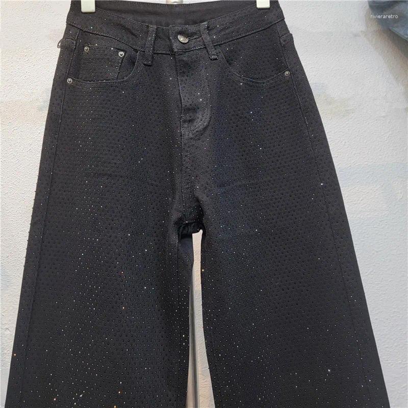 Women's Jeans 2025 Fashion Summer High Waist Single Sided Full Rhinestone Black Straight Wide Leg Denim Pants Z260313