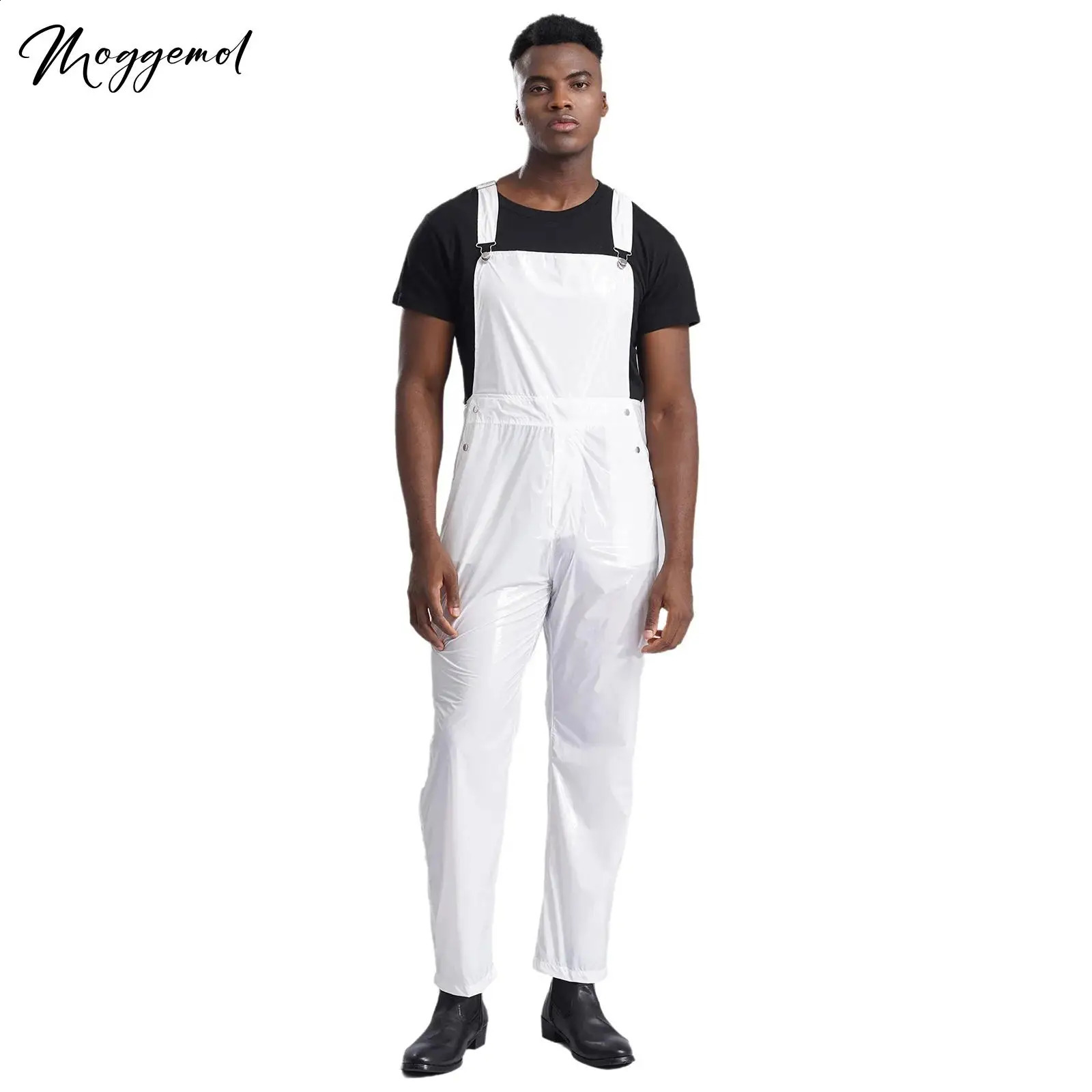 Mens Glossy Bib Overall Adjustable Wide Straps Dungarees Streetwear Daily Casual Suspender Trousers Jumpsuit with Pockets 250729