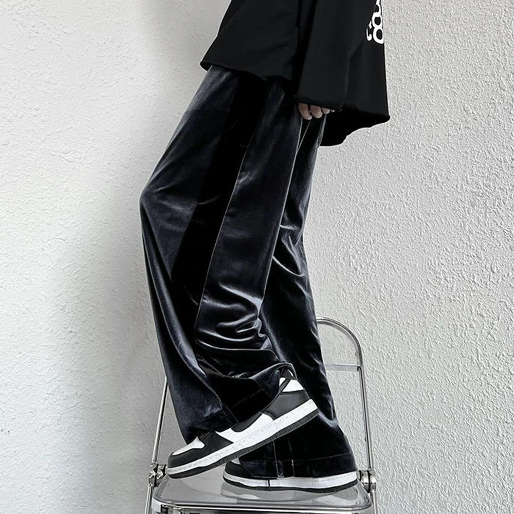 High Street Casual Sweatpants Mens Gold Velvet Wide-leg Pants Spring Fall Clothes Large Size Trendy Loose Y2k Glossy Long Pants 250811