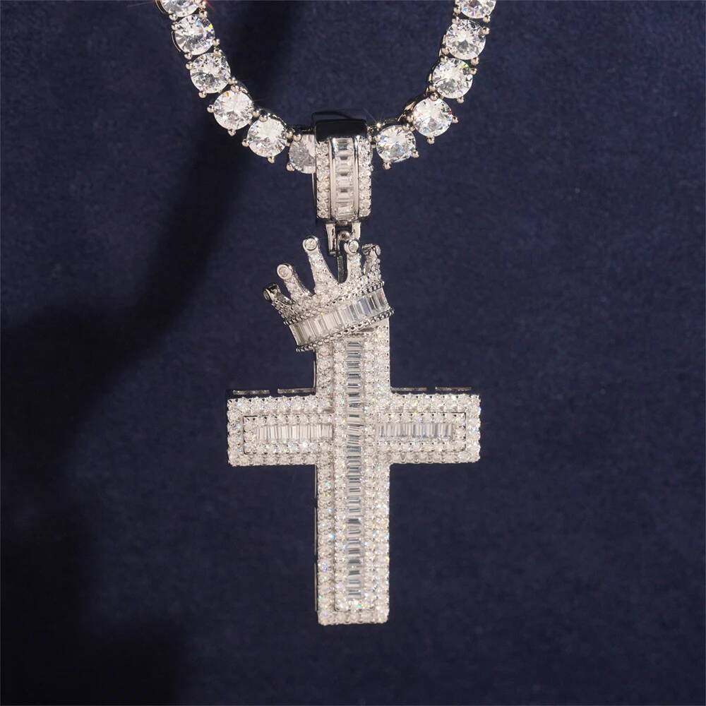 Moissminer VVS Moissanite Crown Cross Pendant Necklaces For Men Women Pass Tester S925 Silver Chain Hip Hop Jewelry With GRA