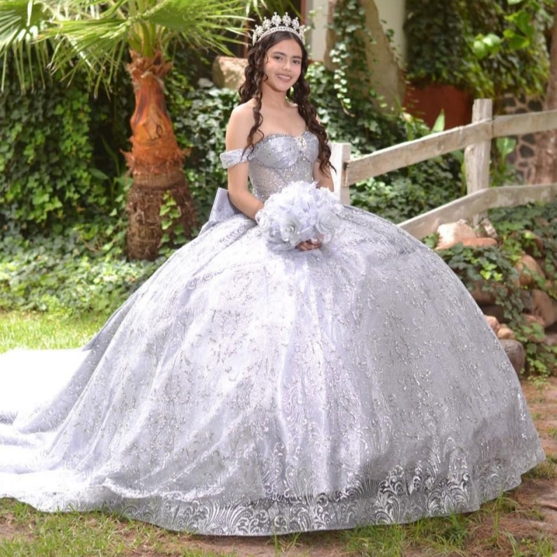 Gray Shiny Quinceanera Dresses Off The Shoulder Sequin Applique Lace Beads Bow Tull Party Birthday Ball Gown Vestidos De 15 Anos Sweet 16 Dress