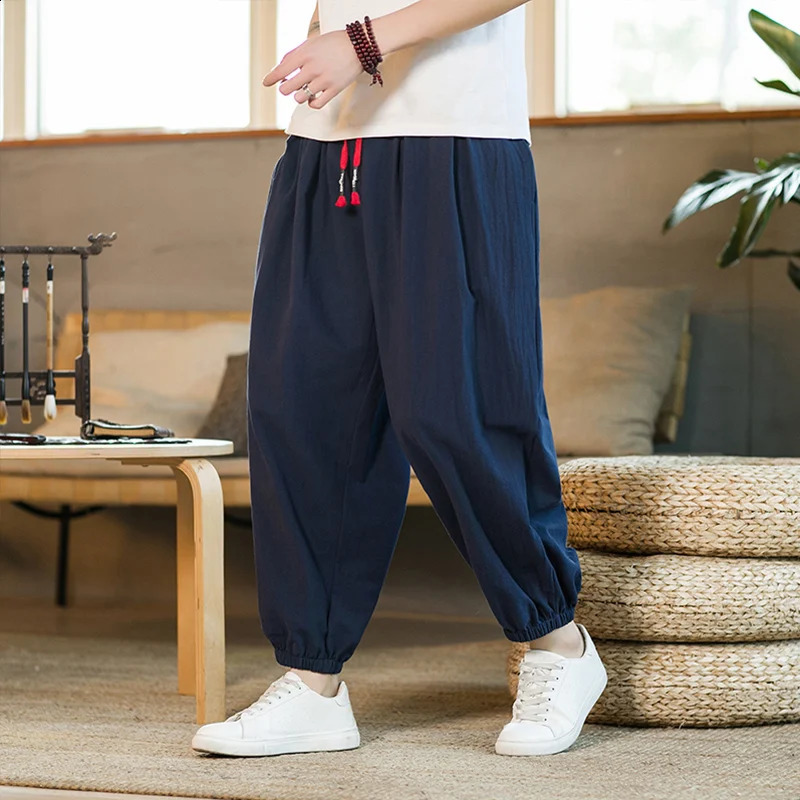 2024 M5XL Spring and Autumn Mens Cotton Hemp Pants Loose Drawstring Lantern Haren Japanese Casual 250729