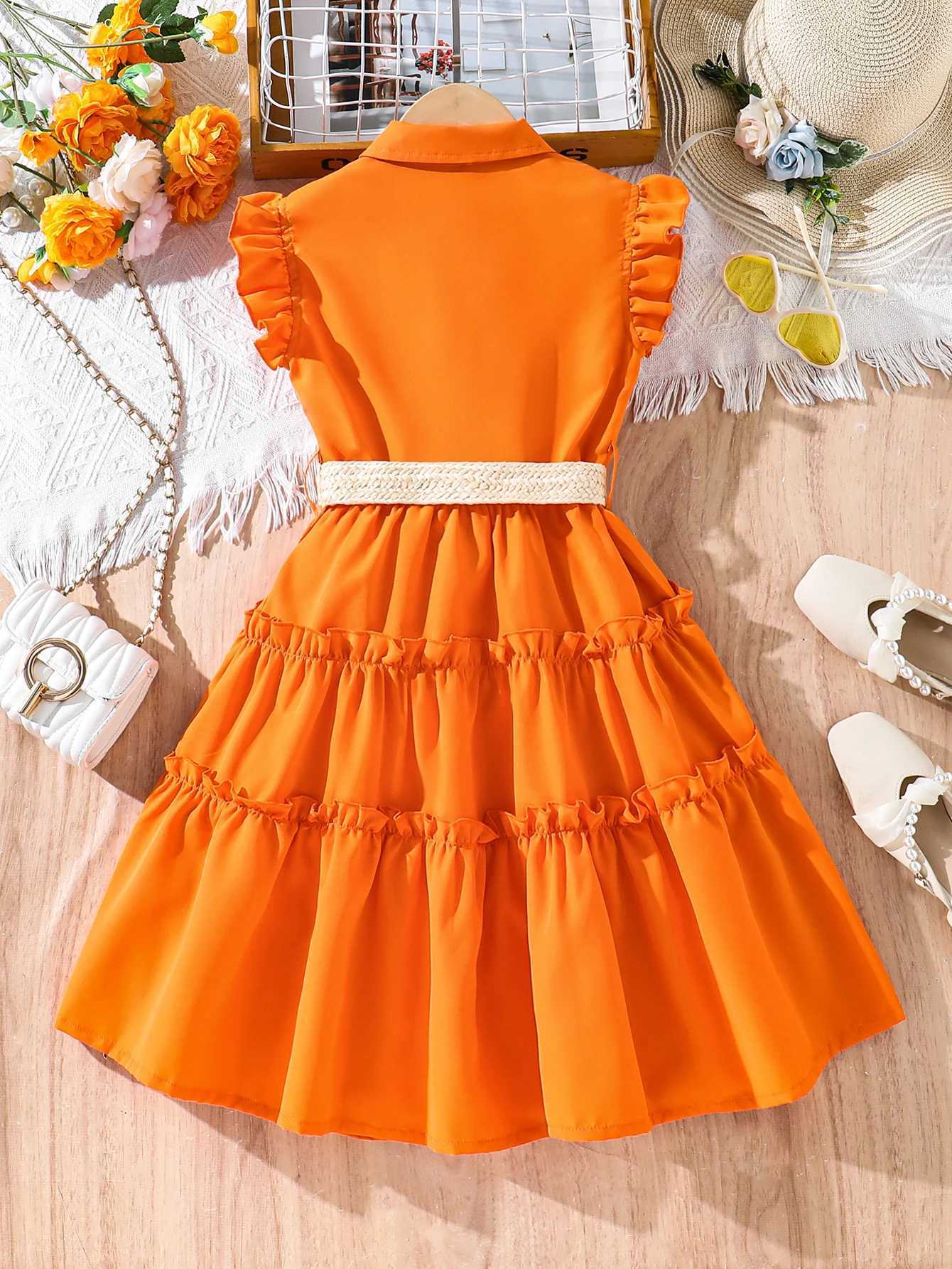 Girls Sunset Orange Dress 2025 Summer New Breathable Linen Blend with Woven Belt - Trendy Outdoor Kids Fashion W250811