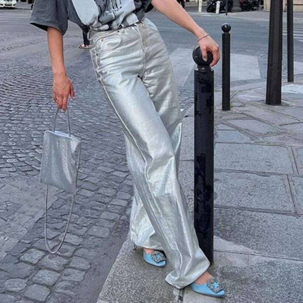 hirigin Women Retro Y2K Metallic Shiny Jeans Casual Solid Color High Waist Straight Leg Denim Pants Disco Club Party Streetwear