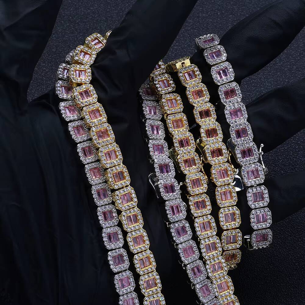 Hot Sale Hip Hop Jewelry 8mm Square Pink Diamond Gold/Platinum Tennis Necklace/Bracelet Set Men's Party