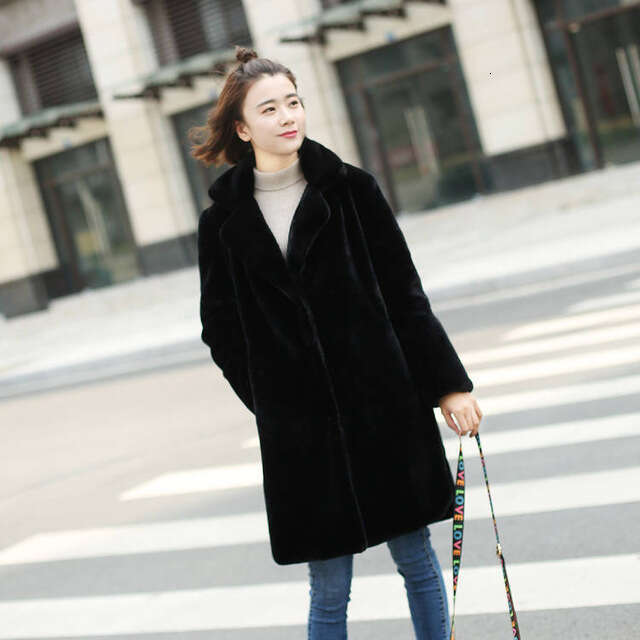 Autumn and winter new solid color imitation fur sheepskin medium long mink coat women's outerwear