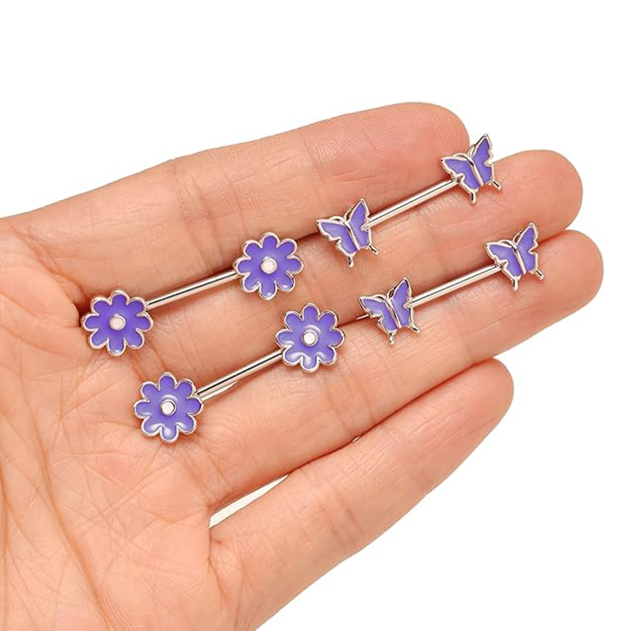 9 Pairs Nipple Rings Stainless Steel Heart Butterfly Moon Flower CZ Barbell Tongue Rings Set Cute Nipplerings Piercing Jewelry for Women Purple Tone