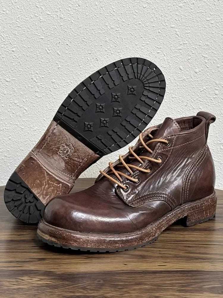 Handmade Vintage Horsehide Genuine Leather Boots Men High Top Work Cargo Shoes Casual High Street Mens Motorcycle Short Boots W250811