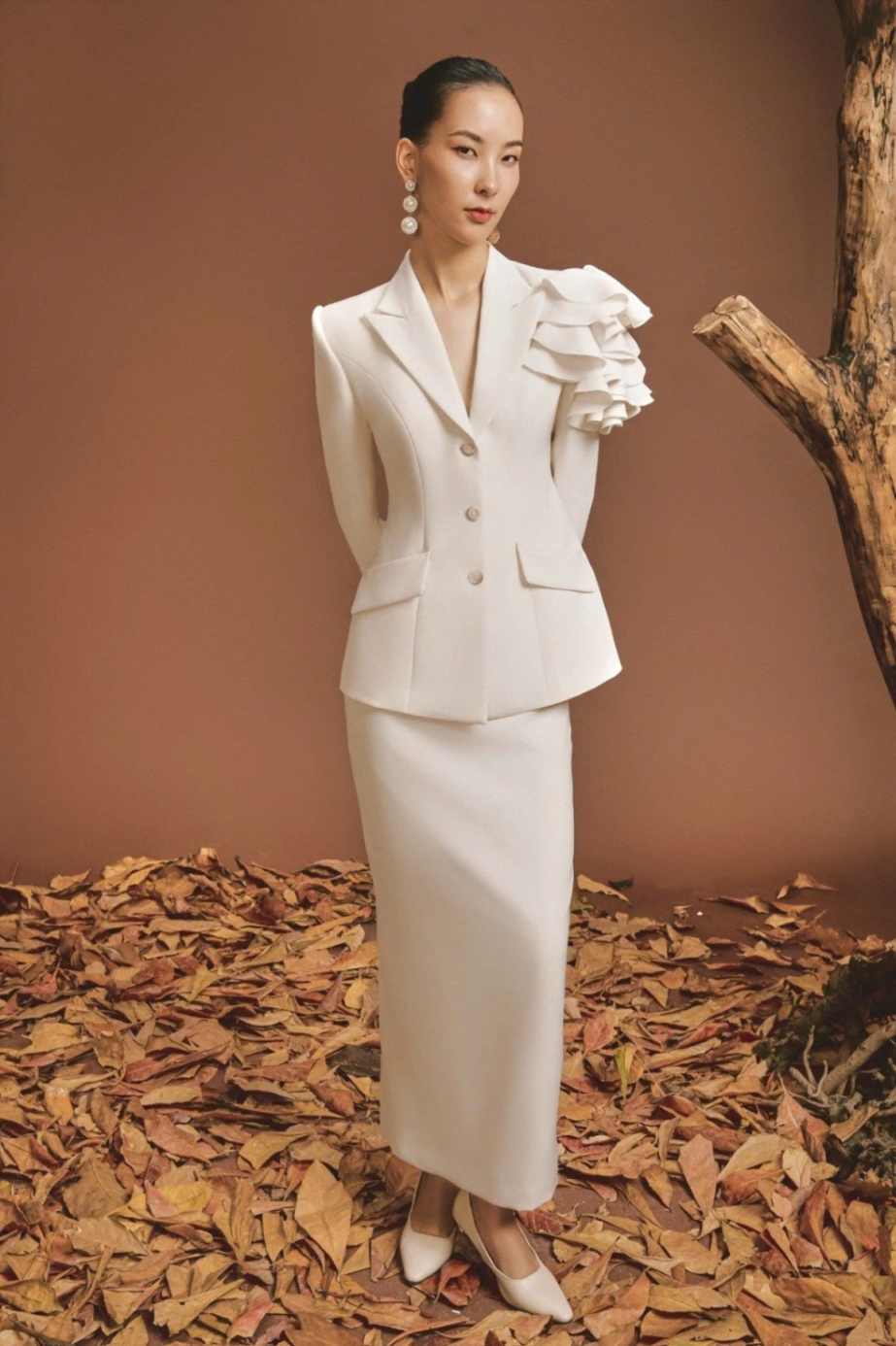 Elegant Women Skirts Suits 2 Pieces Customized Ruffles Long Sleeve Jacket Blazer Set Ladies Formal Wedding Guest Wear