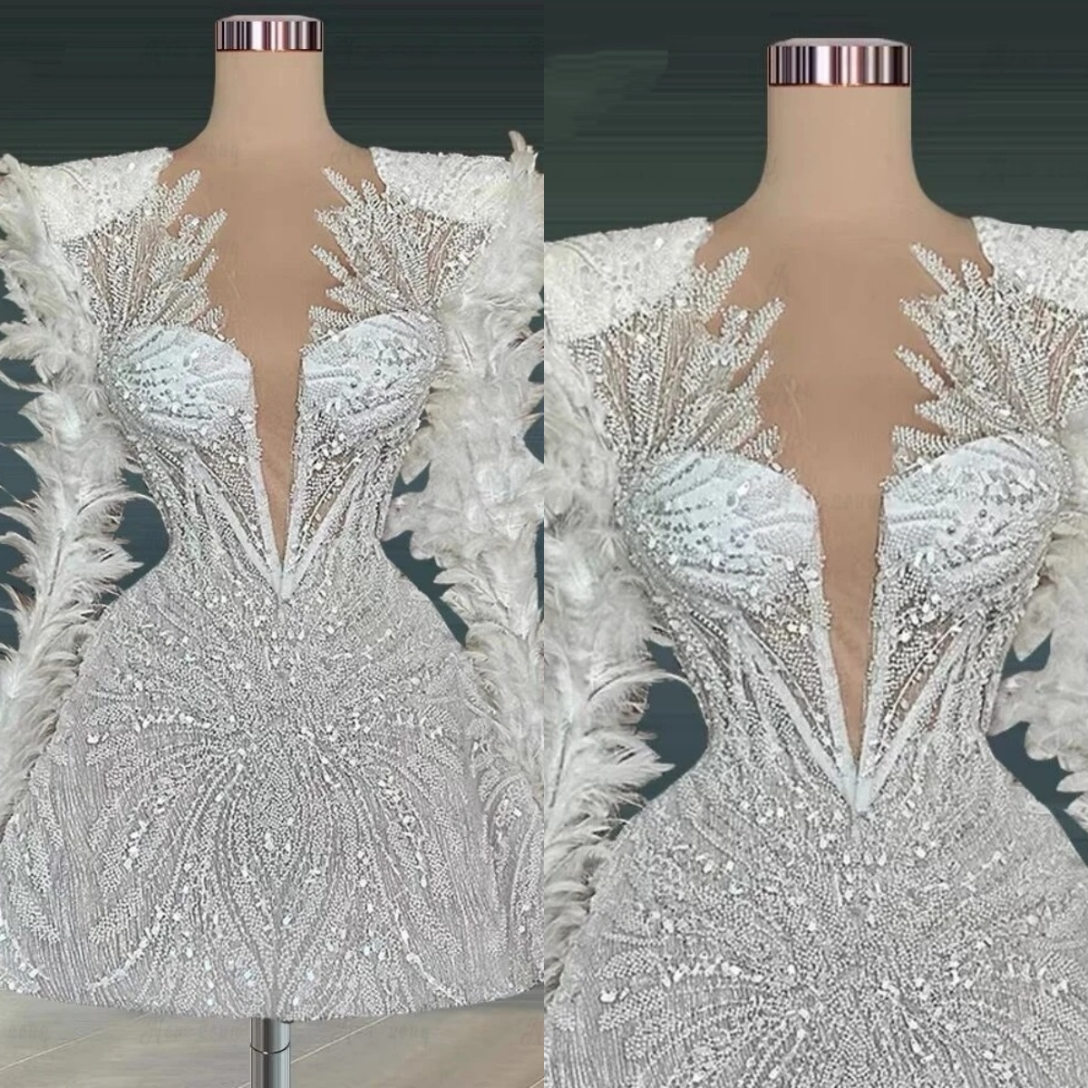 Exquisite Mini Evening Dresses Sequins Feather Gown V Neck Long Sleeves Short Dress Evening Party Customized Dress