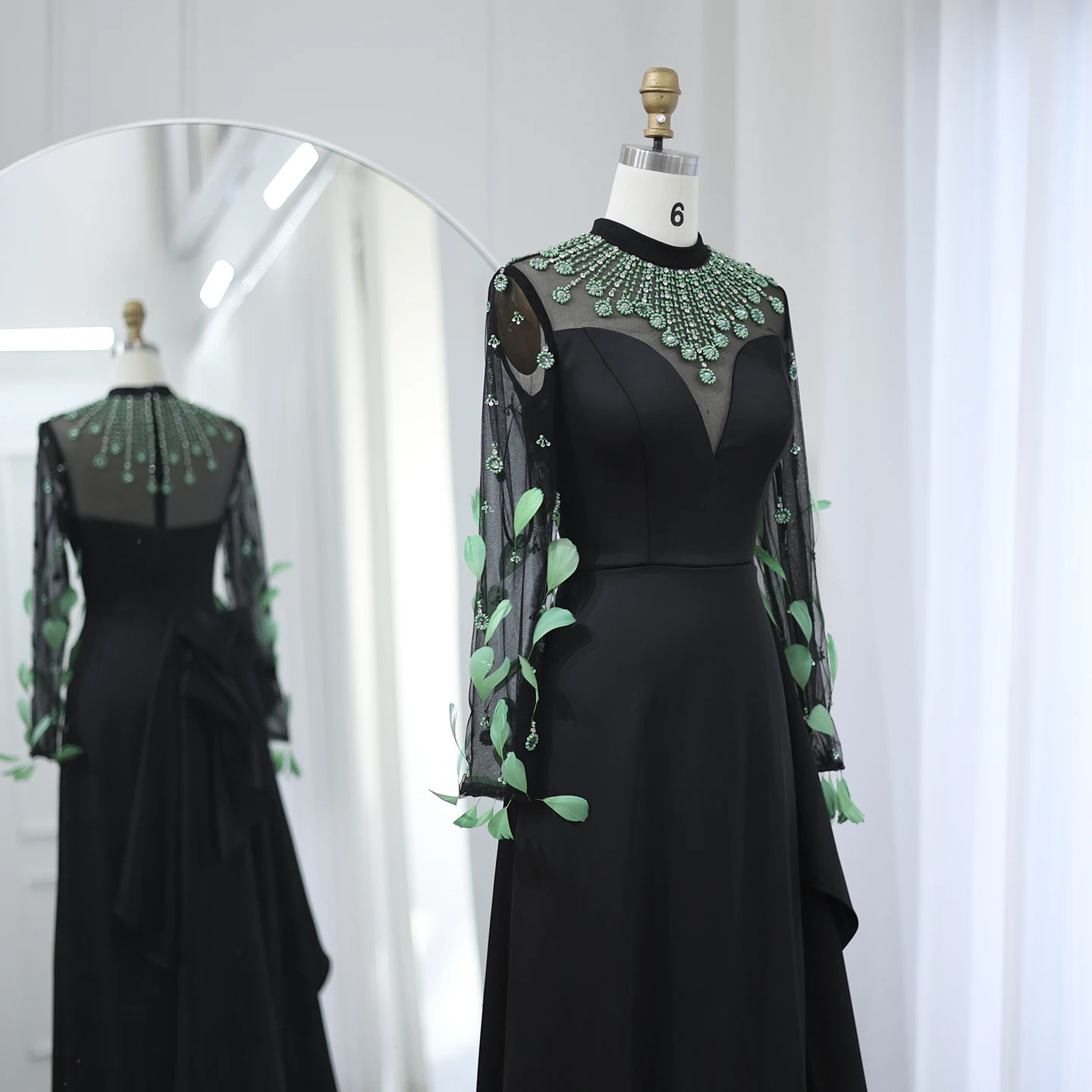 Sharon Said y Dubai Emerald Green Feathers Black Evening Dress Long Sleeves Arabia Women Formal Party Gown SS457 Customized 250811