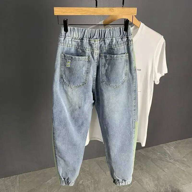 Men's Jeans Broken Cropped Trousers with Holes Man Cowboy Pants Ripped Harem Torn Spring Autumn Summer Stacked Plus Size Washed