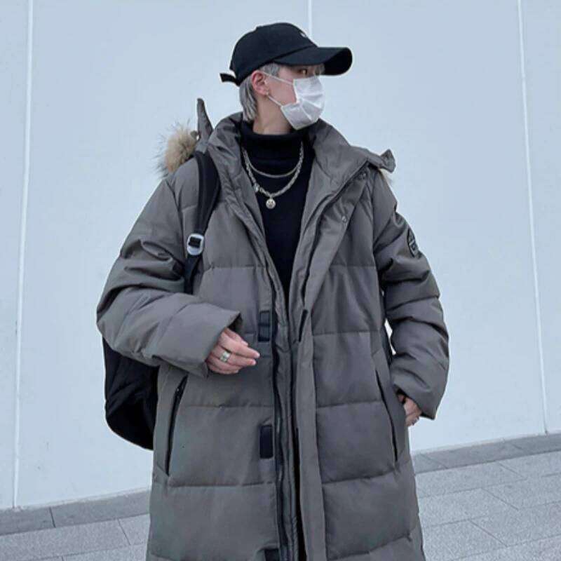 Korean Fashion Long Down Couple's Winter Clothing Youth Hooded Zipper Warm Cotton Jacket Coat Men's Parka M-5XL