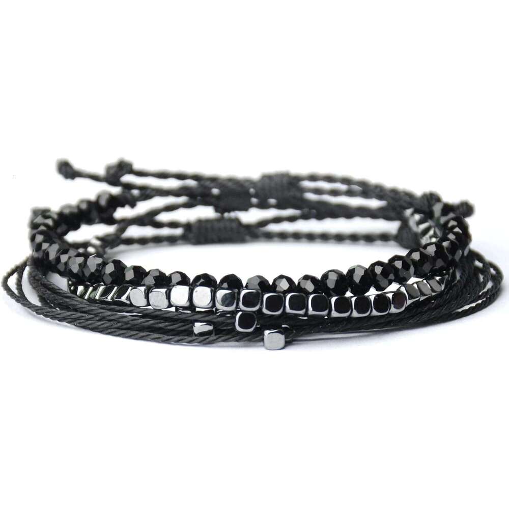3 Pcs Handmade Women's Stackable Bracelet Set, Adjustable Rope Bracelets with Hematite and Glass Beads