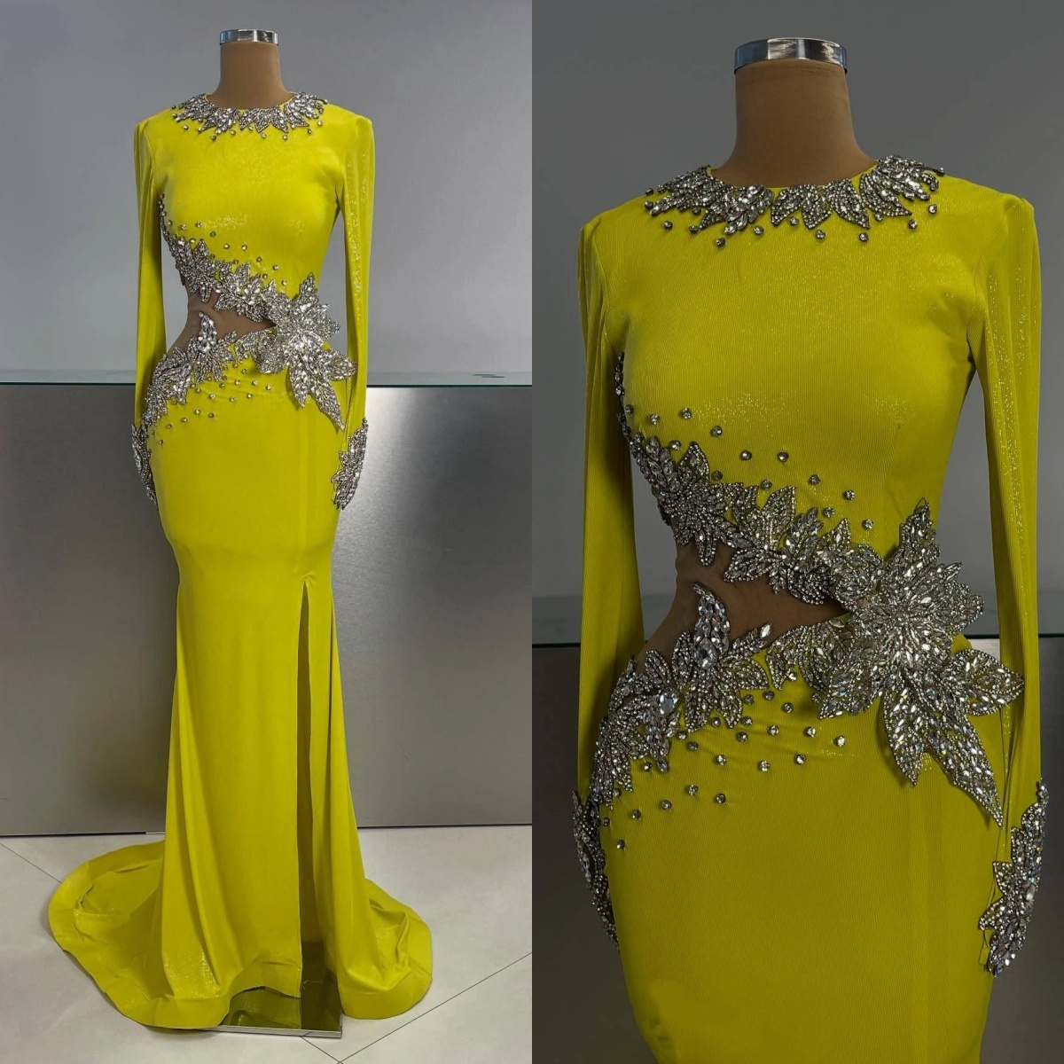 Unique Rhinestone Evening Dresses O Neck Prom Gowns Beaded Peplum Long Sleeves Side Split Sweep Train Customized Vestidos de noche Plus Size